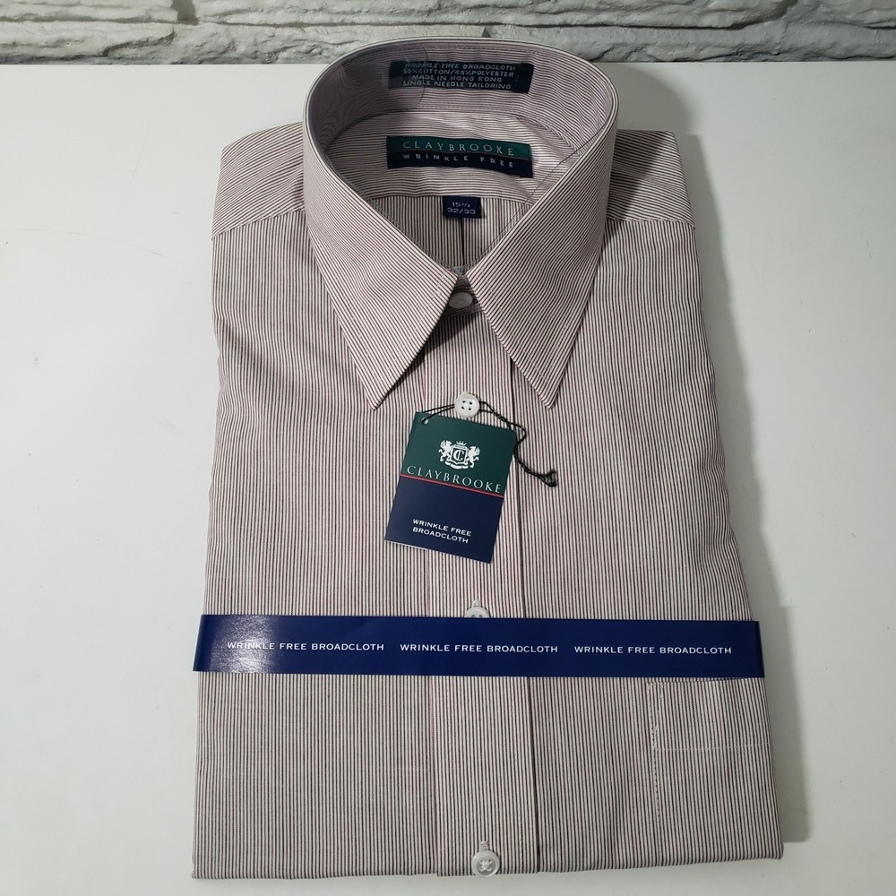 Claybrooke Dress Shirt Mens 15.5 32/33 White Burgundy Striped Wrinkle Free New